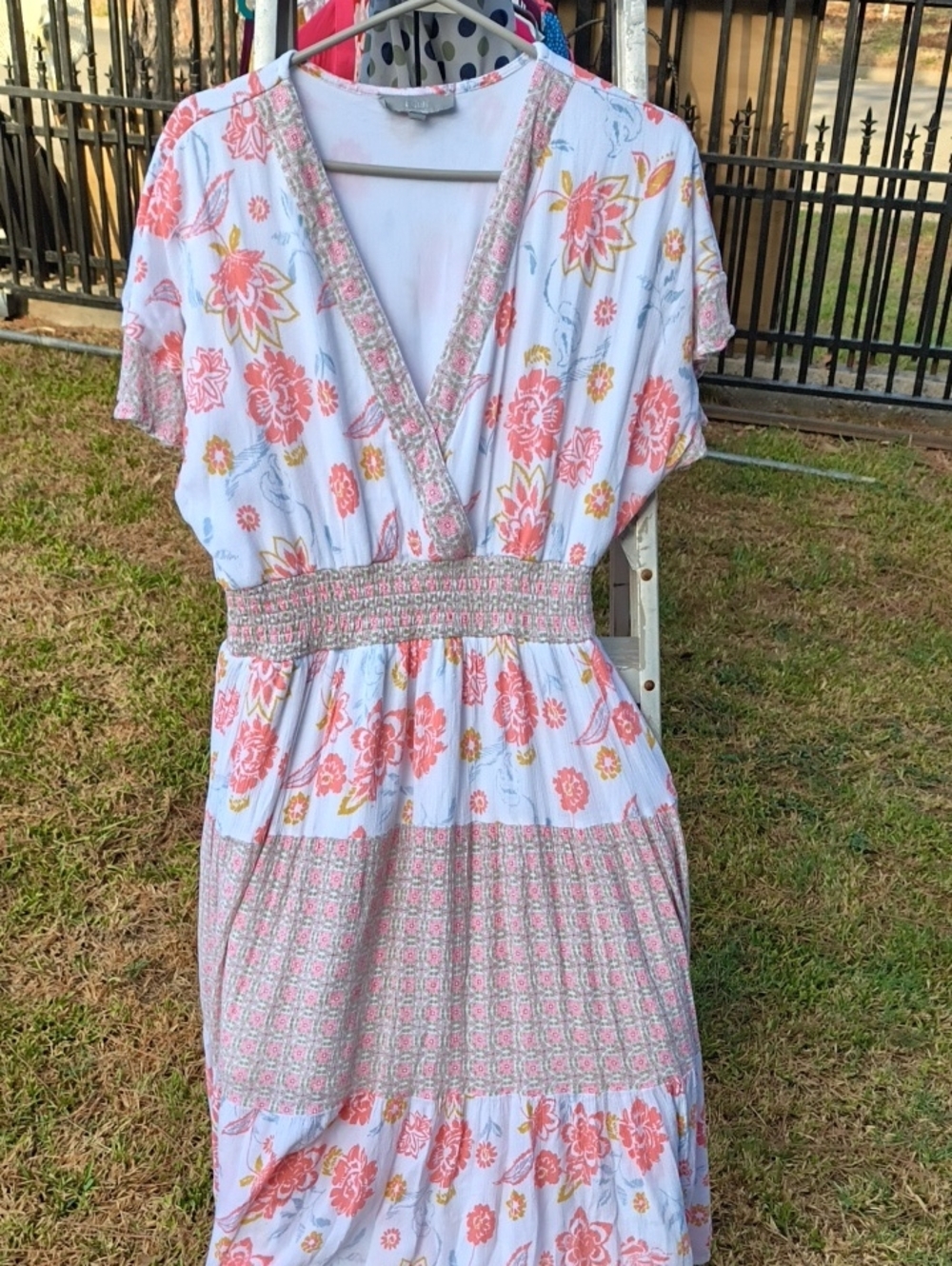 White & Coral Floral V-Neck Smocked Waist Maxi Dress